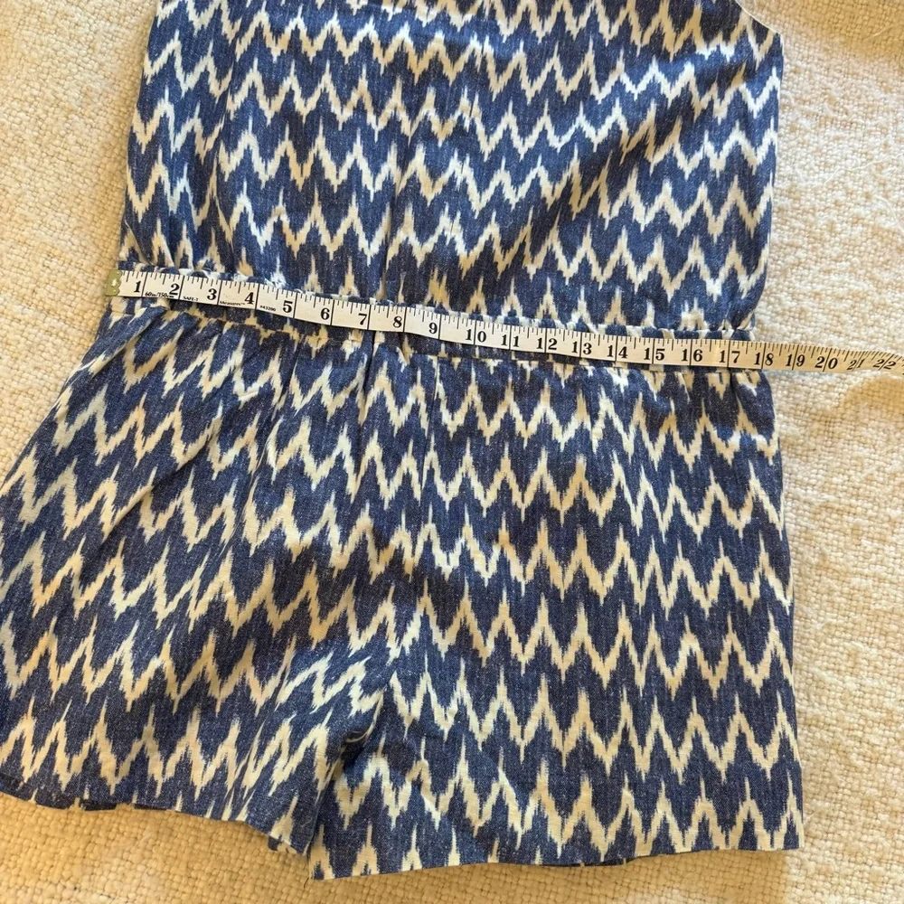 JCrew Structured Blue and Cream Ikat Print Linen Romper 6